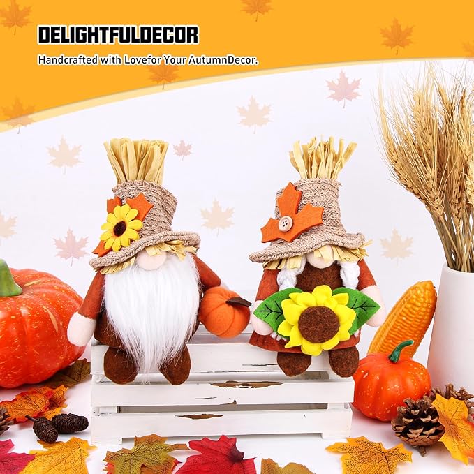 2pcs Fall Gnomes Plush Decorations for Home, Cute Thanksgiving Gnomes Plush Pumpkin Maple Leaves Fall Gnome Set Home Indoor Table Tiered Tray Decor, Thanksgiving Harvest Autumn Holiday Decoration Gift