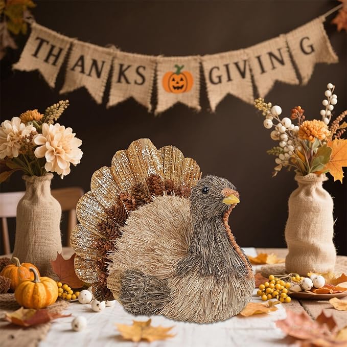 Winemana Thanksgiving Turkey Decorations Indoor, Sisal Figurines Home Centerpiece Decor, Handmade Large Turkey for Table, Office, Mantel - Fall Harvest Gifts