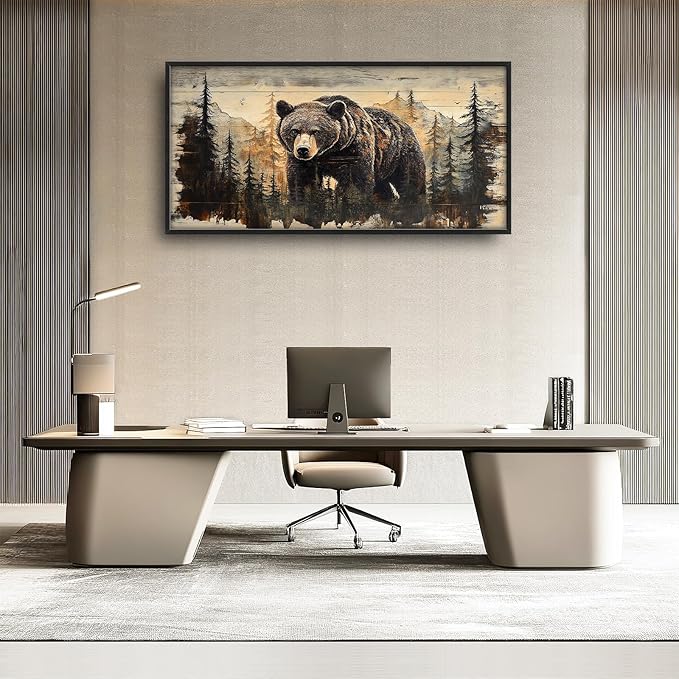 Cabin Wall Art for Living Room, Brown Bear Canvas Wall Decor, Large Wildlife Animal Pictures Framed Painting, Natural Landscape Artwork for Bedroom Office Home Decor 60L'' × 30W''