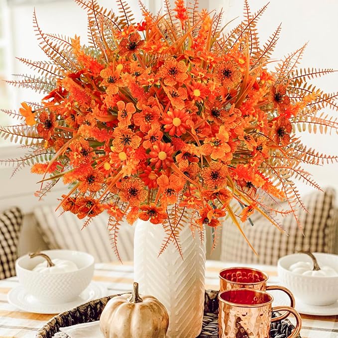 24 Pcs Artificial Fake Fall Flowers UV Resistant Faux Orange Mums Plants Arrangement for Outdoors Home Garden Window Porch Decor