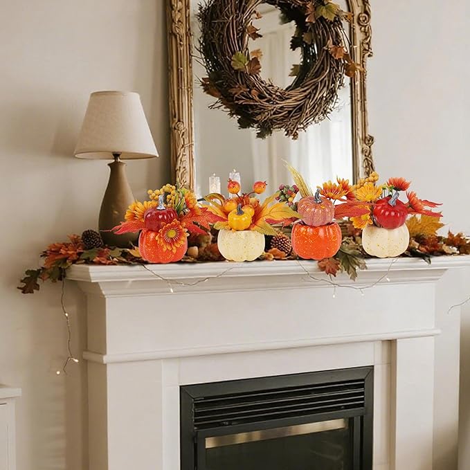 winemana Fall Decorations for Home - Set of 6 Artificial Pumpkins with Maple & Flowers, Thanksgiving Table Decor, Pumpkin Vases Centerpiece for Kitchen Office Indoor