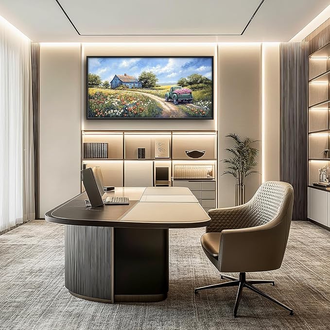 Flintis Large Farmhouse Barn Framed Wall Art Country Green Truck Flowers Pictures Wall Decor Abstract Canvas Painting Print Artworks Decor Framed for Living Room Bathroom Master Bedroom 60L X 30W