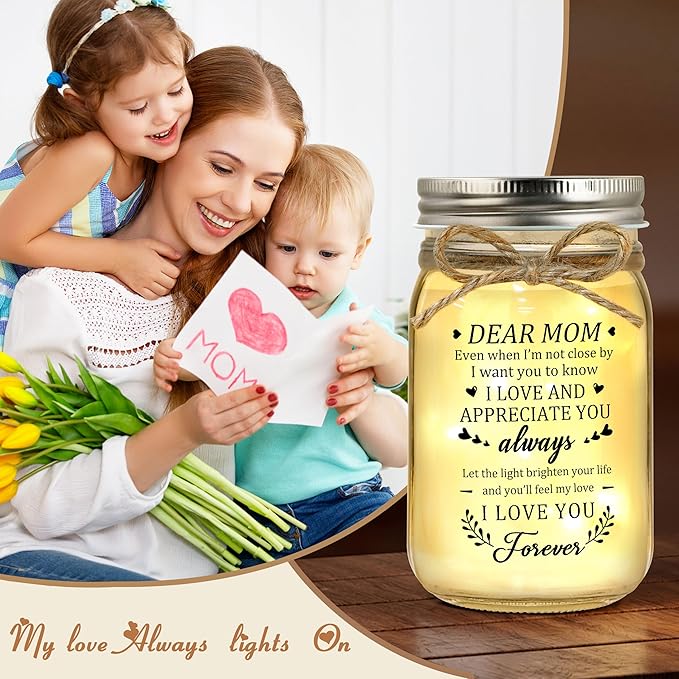 JoycuFF Gifts for Mom, Mom Birthday Gifts, Mothers Day Gift, Christmas Gift for Mama, Mason Jar Light for Mother
