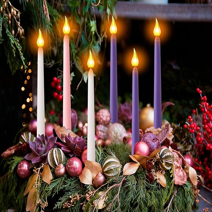 Advent Candles Set of 6, Dripless Advent Taper Candles with 3-Purple 1-Pink 2-White, Christmas Advent Taper Candle 10 Inch Long for Holidays, Celebrations, Devotional, Church, Wreath
