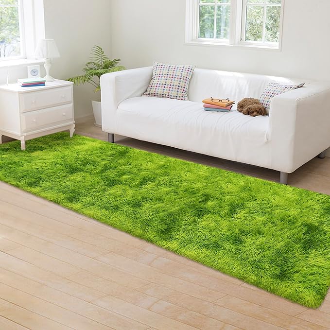 Tie-Dyed Runner Rug for Bedroom Green 2x8ft Fluffy Area Rug Bedside Runner Rug for Kids Room Boys Teens Nursery Baby Living Room Dorm Home Decor Carpets