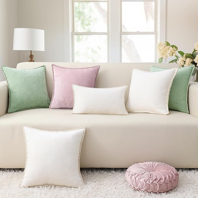 decorUhome Christmas Chenille Soft Throw Pillow Covers 26x26 Set of 2, Farmhouse Velvet Neutral Decorative Euro Pillow Covers with Stitched Edge for Couch Sofa Bed Home Decor, Sage Green