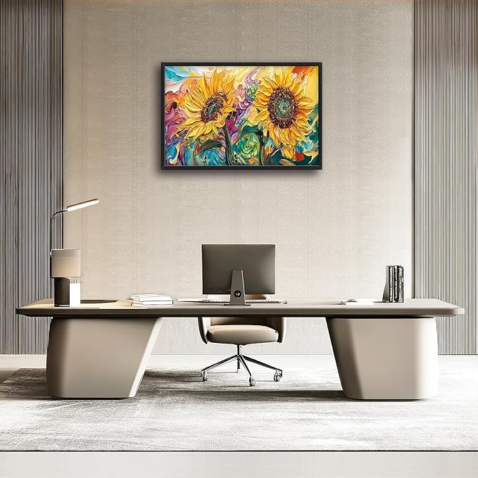 Framed Large Wall Art for Living Room, Sunflower Canvas Wall Decor, Flower Pictures Painting, Natural Landscape Artwork for Living Room Bedroom Office 36L'' × 24W''