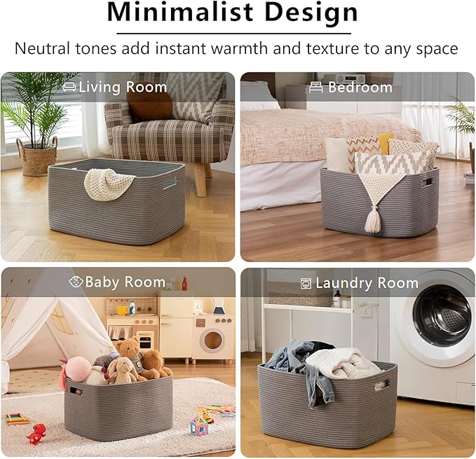 OIAHOMY XXLarge Rectangle Blanket Basket-96L, Cotton Woven Basket for Storage, Dirty Clothes Basket for Living Room, Nursery, Bedroom, Toy Organizing with Handle, 24" x 16" x 15", Dark Grey