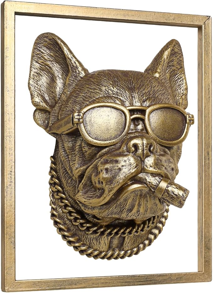 Animal Heads Wall Decor (Includes Metal Frame) Resin Animals Sculptures Head Wall Hanging Decoration Gold vintage Wall Sculpture for Living Room Bedroom Office(Cigar dog)