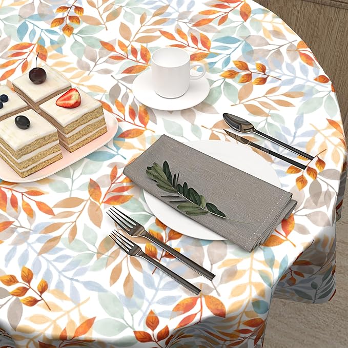 Fall Round Tablecloth 60x60 Inch Fall Leaves Tablecloth Circular Autumn Thanksgiving Round Table Cloth Washable Tabletop Autumn Leaves Table Cover for Seasonal Holiday Home Kitchen Dining Party Decor
