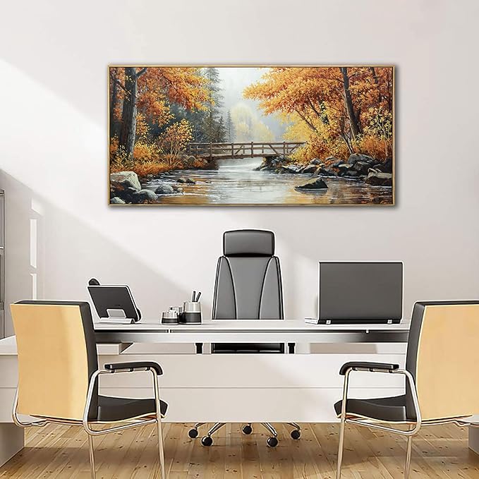 KLAKLA Canvas Wall Art - Rustic Landscape Burnt Orange Forest Tree Creek Print Picture Framed Artwork for Living Room Bedroom Office Wall Decor - 48x24 Inches