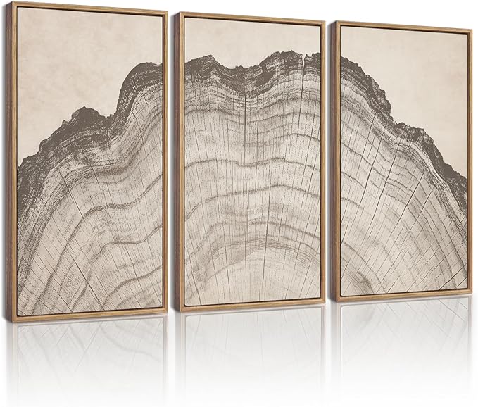 KUVIOKE Boho Vintage Antique Tree Wall Art Framed Neutral Retro Tree Rings Wood Prints Rustic Nature Illustrations Bedroom Living Room 16x24in (Natural Framed)