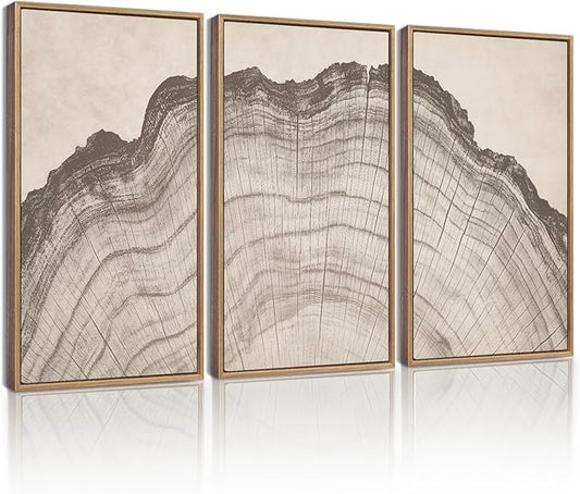 KUVIOKE Boho Vintage Antique Tree Wall Art Framed Neutral Retro Tree Rings Wood Prints Rustic Nature Illustrations Bedroom Living Room 16x24in (Natural Framed)