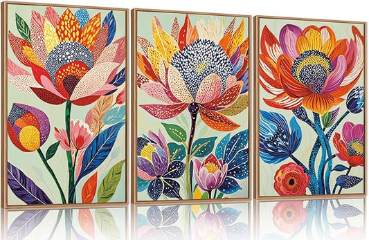 HPINUB Abstract Botanical Floral Framed Canvas Wall Art Set,Colorful Dot Art Modern Flower Wall Decor,Vibrant Blooming Flowers Artwork Eye-Catching Boho Art Print for Living Room,Bedroom-24 x36 x3