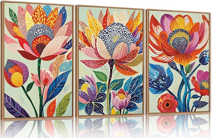 HPINUB Abstract Botanical Floral Framed Canvas Wall Art Set,Colorful Dot Art Modern Flower Wall Decor,Vibrant Blooming Flowers Artwork Eye-Catching Boho Art Print for Living Room,Bedroom-16 x24 x3