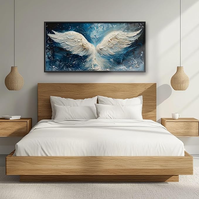 Angel Wings Large Wall Art for Living Room Framed, Angel Wall Decor Pictures, Christian Holy White Wing Canvas Print Painting, Aesthetic Artwork Bedroom Office Home Decor 60"x30"