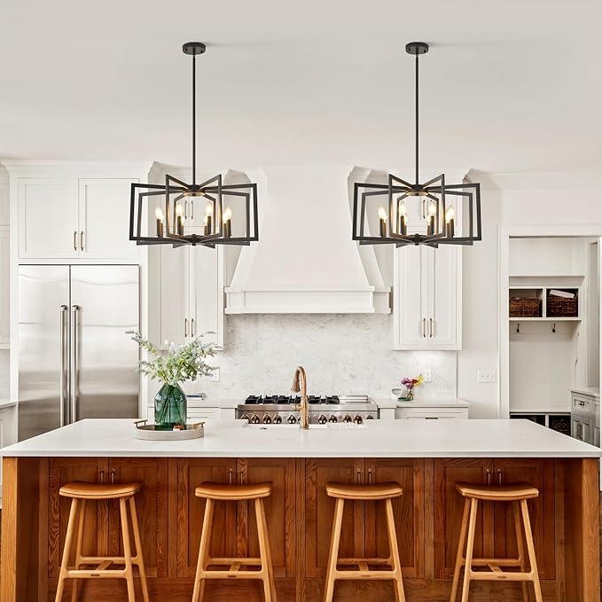 8-Light Modern Farmhouse Black Geometric Chandelier, Adjustable Height Dining Room Light Fixtures Over Table, Large Industrial Metal Chandeliers for Dining Room Kitchen Island Entryway