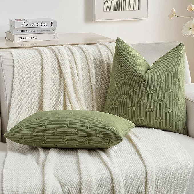 FUTEI Moss Green Chenille Decorative Throw Pillow Covers 22x22 Inch Set of 2,Soft Cozy Striped Geometric Patterns Cushion Case,Modern Home Decor for Couch Bed Living Room