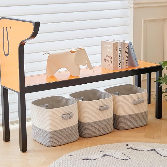 Storage Cube Baskets for Organizing- 3 Pack- 11 inch Square Baskets for Cube Storage, Closet Storage Bins- Woven Cube Storage Bins for Shelves- Ideal for Toy Storage |White & Grey