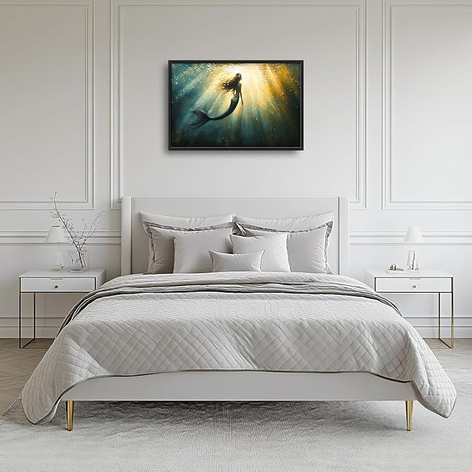 Olivine Mermaid Wall Art, Ocean Pictures Wall Decor, Coastal Painting, Marine Life Canvas Prints, Framed Artwork for Bathroom Bedroom Living Room Office Home Decoration 36"x24"