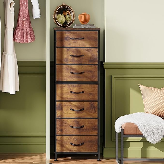 WLIVE Tall Dresser for Bedroom, 7 Drawer Dressers & Chests of Drawers, Fabric Dresser for Closet, Night Stand with Metal Frame, Storage Tower with Fabric Bins, Wood Top, Rustic Brown Wood Grain Print