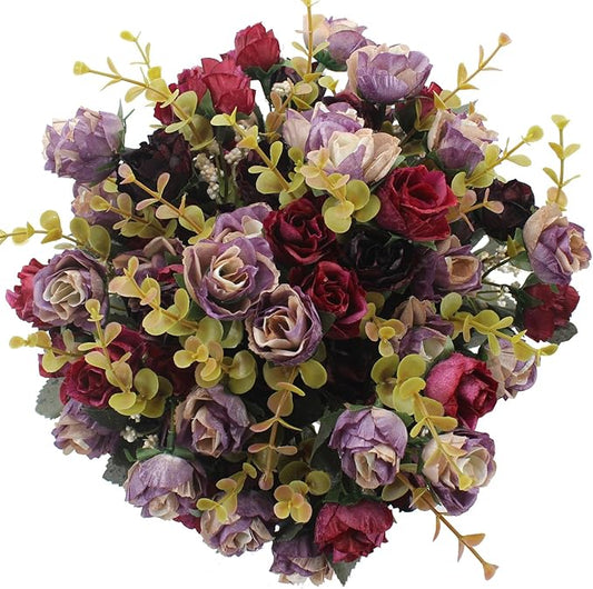 Duovlo 7 Branch 21 Mini Rose Heads Artificial Flowers Bouquet Wedding Home Office Decor,Pack of 4 (Purple)