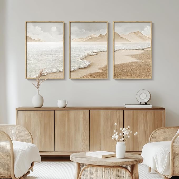 Framed Boho Abstract Beach Wall Art for Living Room, Large Neutral Coastal Canvas Prints Artwork for Walls, Set of 3 Piece Modern Minimalist Ocean Picture Print for Hallway Office Wall Decor, 24x36 In