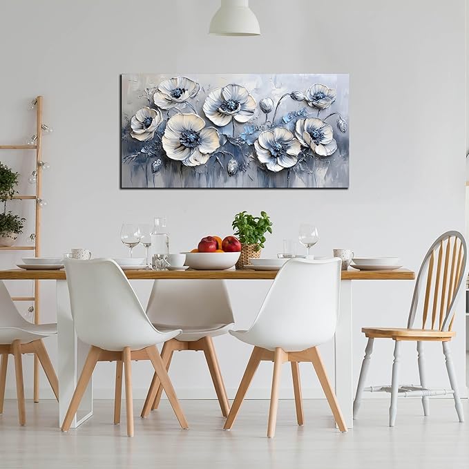 AOZEMI Large White Flower Canvas Wall Art for Living Room Bedroom Home Office Blue Picture Modern Floral Canvas Wall Decor Prints Artwork 24"x 48"