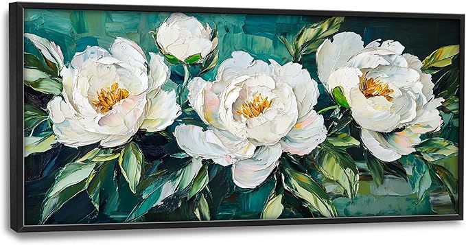 White Flower Large Wall Art for Living Room, Peoney Floral Oversized Wall Decor Pictures, Rustic Framed Canvas Print Painting, Modern Artwork for Bedroom Office Home Decor 60"x30"