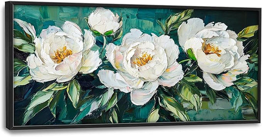 White Flower Large Wall Art for Living Room, Peoney Floral Oversized Wall Decor Pictures, Rustic Framed Canvas Print Painting, Modern Artwork for Bedroom Office Home Decor 60"x30"