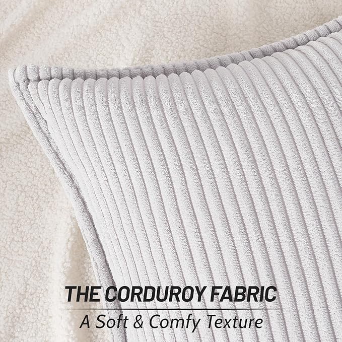 Mecatny Corduroy Throw Pillow Covers 20x20 Set of 2, Neutral Decorative Soft Boho Couch Pillow Covers with Broadside for Sofa Living Room, Grey