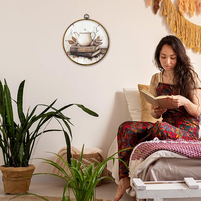 Mcehtle Vintage Fall Wall Art Decor, Rustic Autumn Teapot Books Maple Leaf Framed Canvas Prints 10x10, Cozy Fall Round Wall Hanging Artwork Decorations for Kitchen Bedroom Living Room Home