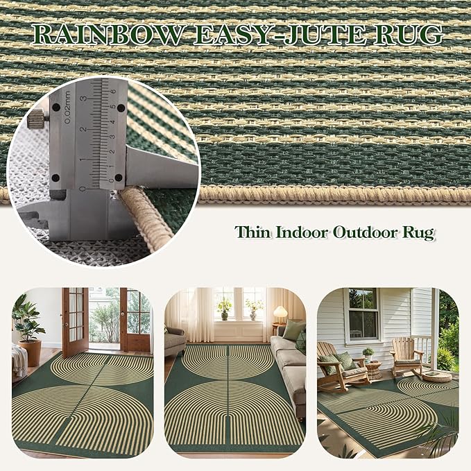 Lahome Modern Rainbow Easy Jute Indoor Outdoor Rugs, 5x7 Dark Green Rug for Living Room Office, Farmhouse Non Slip Non Shedding Floor Carpet for Dining Room Deck Sunroom