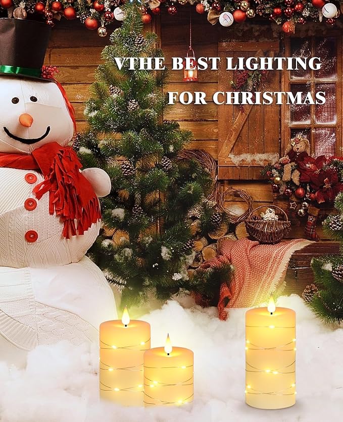 Da by Flameless Candles with String Lights，Battery Operated Candles,LED Flickering Candles with Remote Control and Timer, Real Wax, 3 Pack-Ivory