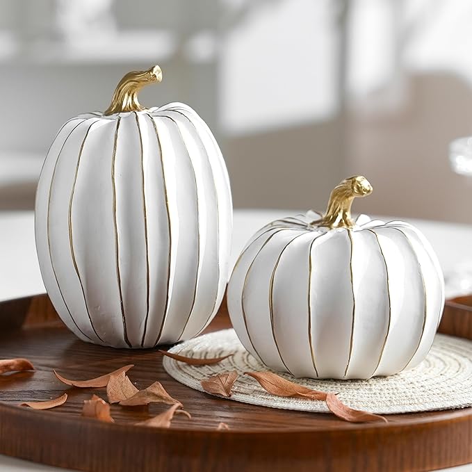 Fall Pumpkin Decor, White and Gold Decorative Pumpkins, Thanksgiving Resin Pumpkins Figurine Set of 2, Elegant Fake Pumpkin Statues for Fall Home Decor, Tabletop Centerpiece, Harvest, Wedding