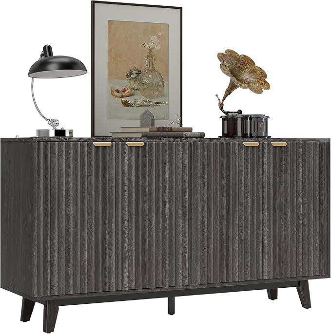 HOMCOM Fluted Sideboard Buffet Cabinet, 55" Modern Accent Console Cabinet with 4 Doors, 2 Adjustable Shelves and 5 Wood Legs, Dark Gray