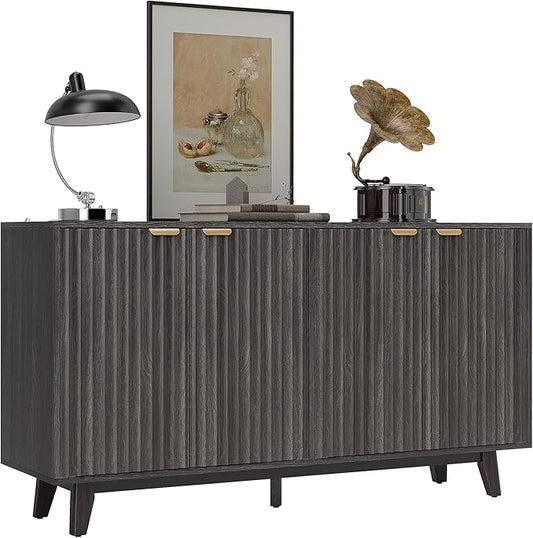 HOMCOM Fluted Sideboard Buffet Cabinet, 55" Modern Accent Console Cabinet with 4 Doors, 2 Adjustable Shelves and 5 Wood Legs, Dark Gray