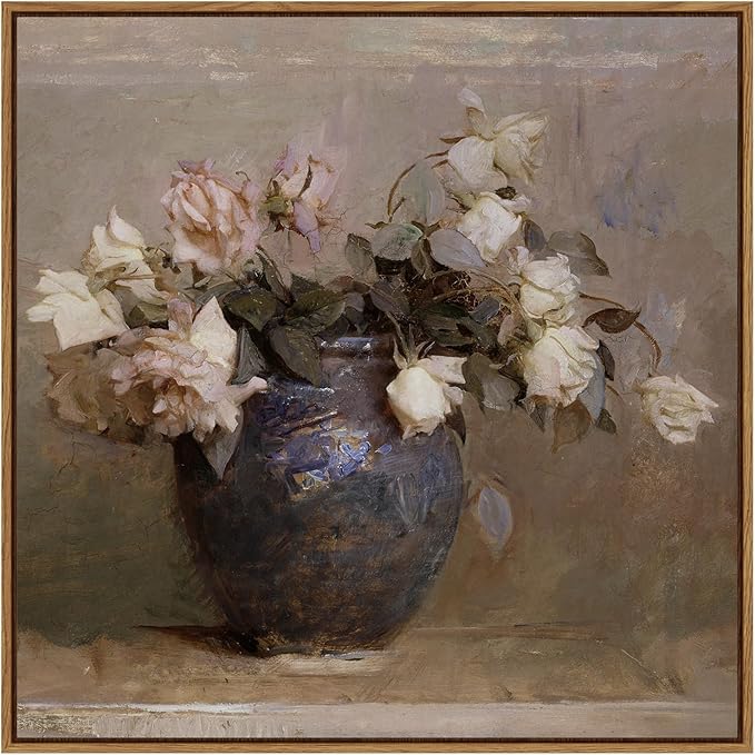 InSimSea Square Framed Canvas Wall Art, Flowers Prints Farmhouse Classical Floral Rose in Vase Pictures Wall Decor, Vintage Canvas Paintings Wall Decor for Living Room, Bathroom Kitchen 16"x16"