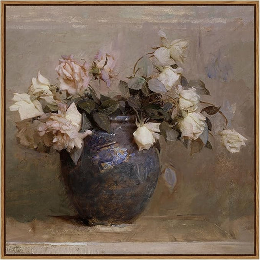 InSimSea Square Framed Canvas Wall Art, Flowers Prints Farmhouse Classical Floral Rose in Vase Pictures Wall Decor, Vintage Canvas Paintings Wall Decor for Living Room, Bathroom Kitchen 16"x16"