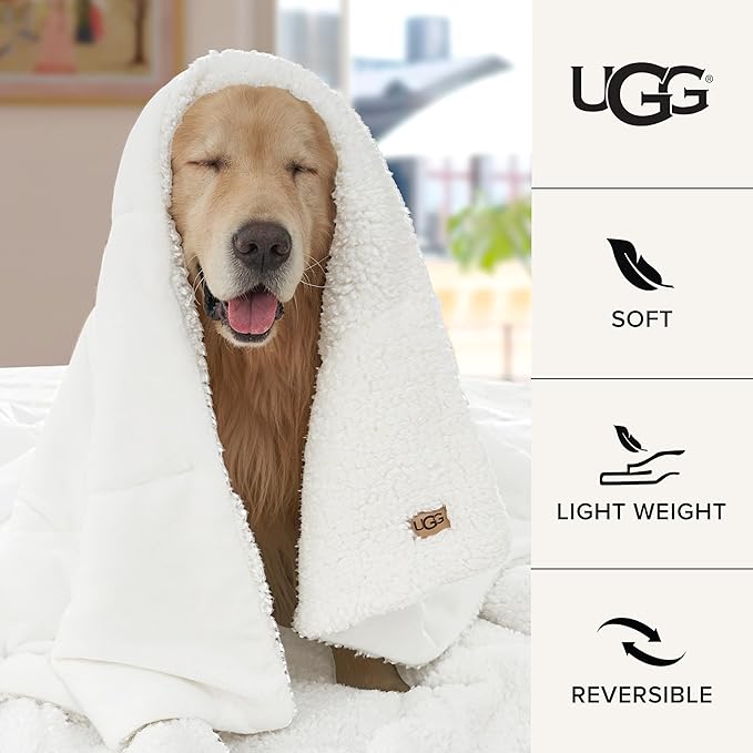 UGG Nita Throw Blanket Soft Reversible Plush Throw for Couch or Bed Washable Warm Fluffy Blanket for College Dorm Essentials and Bedding with Down Alternative Fill, 50-inch x 70-inch, White Snow