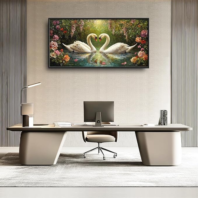 Swans Framed Wall Art for Living Room, Large Lake Loving Swans Canvas Wall Decor, Country Animal Pictures Painting, Natural Landscape Modern Artwork for Bathroom Bedroom 60L'' × 30W''