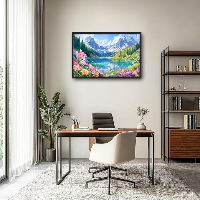 Extra Large Framed Mountain Lake Wall Art,Colorful Wild Flower Wall Decor,Mountain Forest Landscape Pictures for Living Room,Canvas Print Painting Modern Artwork Bedroom Office Bathroom 36L x24W