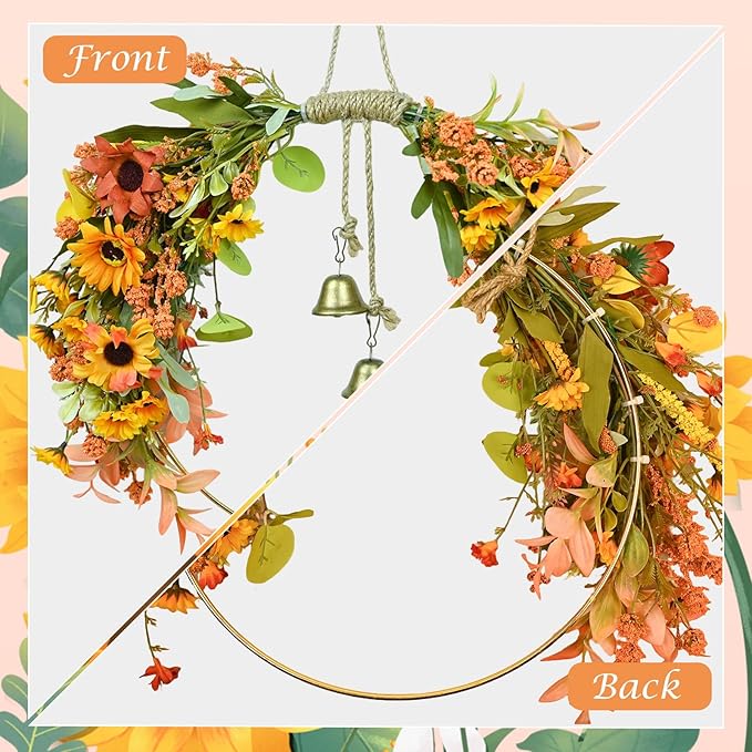 Fall Leaves Wreaths for Front Door Fall Half Wreath with Bell Artificial Falls Sunflowers Wreath with Mixed Leaves, Autumn Hoop Wreaths for Thanksgiving Window Home Wall Farmhouse Outdoor Indoor Décor