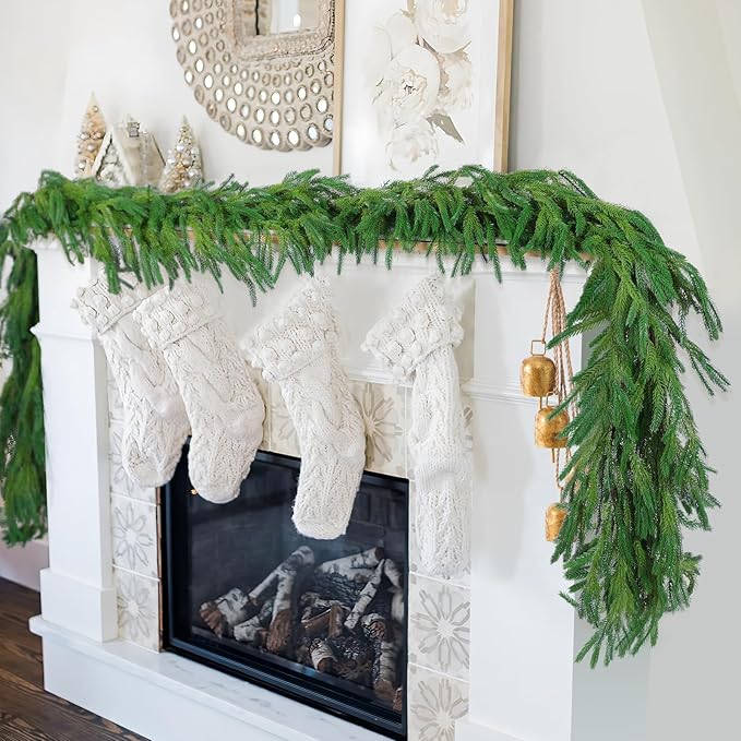 Hananona 9 Ft 2 Pcs Artificial Norfolk Pine Garlands, Realistic Pine Garland, Green Artificial Greenery Garland for Table, Mantle, Wall, Indoor, Outdoor Winter Christmas Decorations (2, 9 FT)