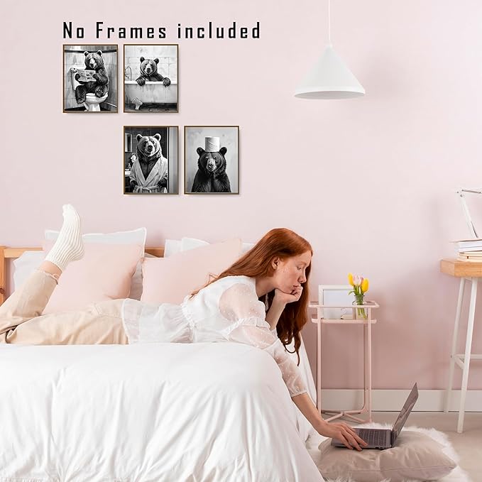 FITIE Funny Black Bear Bathroom Wall Art Posters Set of 4, Bear Bathroom Decor, Humorous Wild Animal Bathing Toilet Canvas Prints Artwork Wall Decor for Bath Room Washroom, 8x10 Unframed