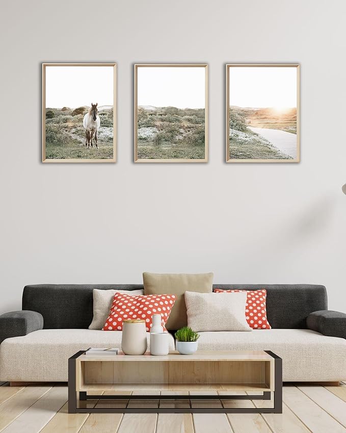 UPWOIGH Framed Wall Art, White Horse Outskirts setting sun Wood Canvas Wall Art,12"x16" Cotton Pattern Poster Wall Decor Aesthetic for Living Room Bedroom,Set of 3,Accessories