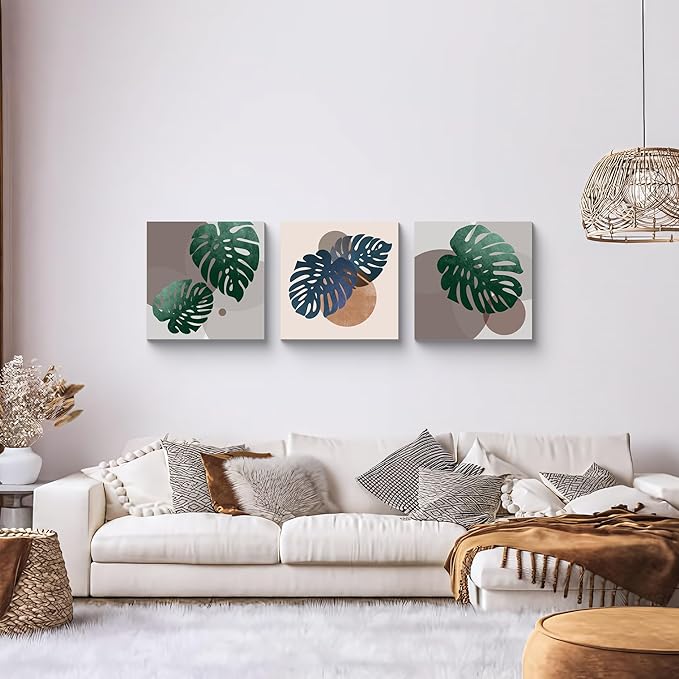 NAN Wind 3Pcs Tropical Leaf Wall Art Palm Frond and Foliage Canvas Print with Bold Orange Teal Yellow Shapes Mid-Century Modern Botanical Plant Pictures for Boho Living Room Bedroom Office Wall Decor