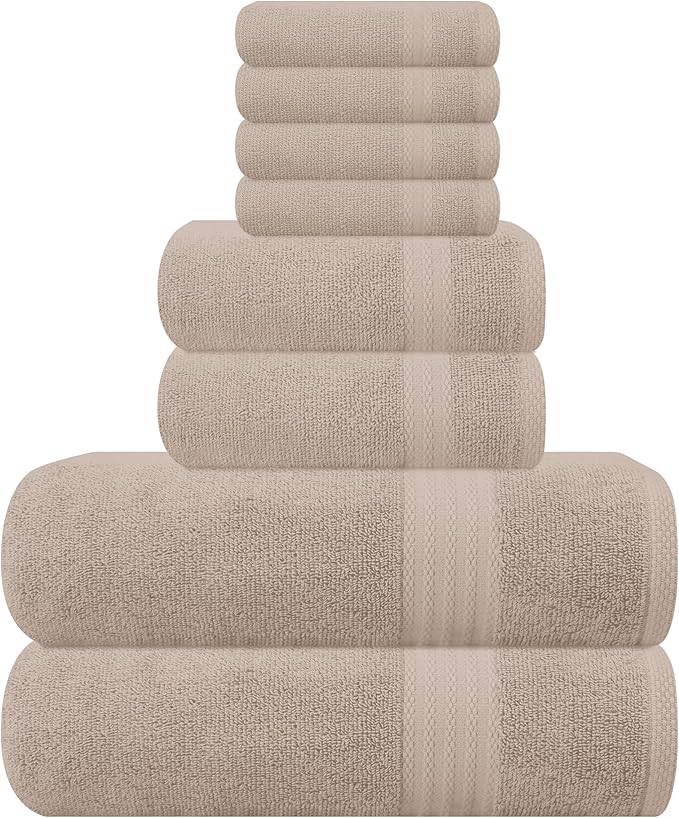 GLAMBURG Ultra Soft 8-Piece Towel Set - 100% Pure Ringspun Cotton, Contains 2 Oversized Bath Towels 27x54, 2 Hand Towels 16x28, 4 Wash Cloths 13x13 - Ideal for Everyday use, Hotel & Spa - Tan