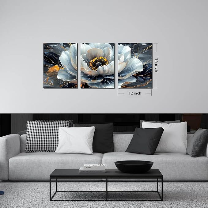 Flower Pictures Wall Art for Living Room - Modern Office Artwork Wall Decor - Black and White Canvas Wall Art for Bedroom Size 12" x 16" x 3 Pieces