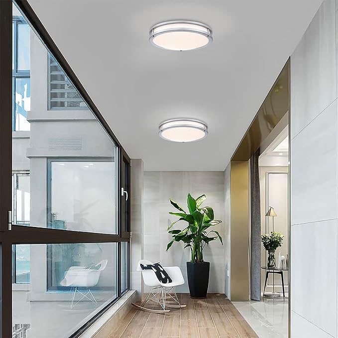 16” Brushed Nickel Flush Mount Ceiling Light Fixture - 16 Inch Brushed Nickel LED Ceiling Light 3000K/4000K/5000K Color Changing Modern Bathroom Fixture for Bedroom,25W